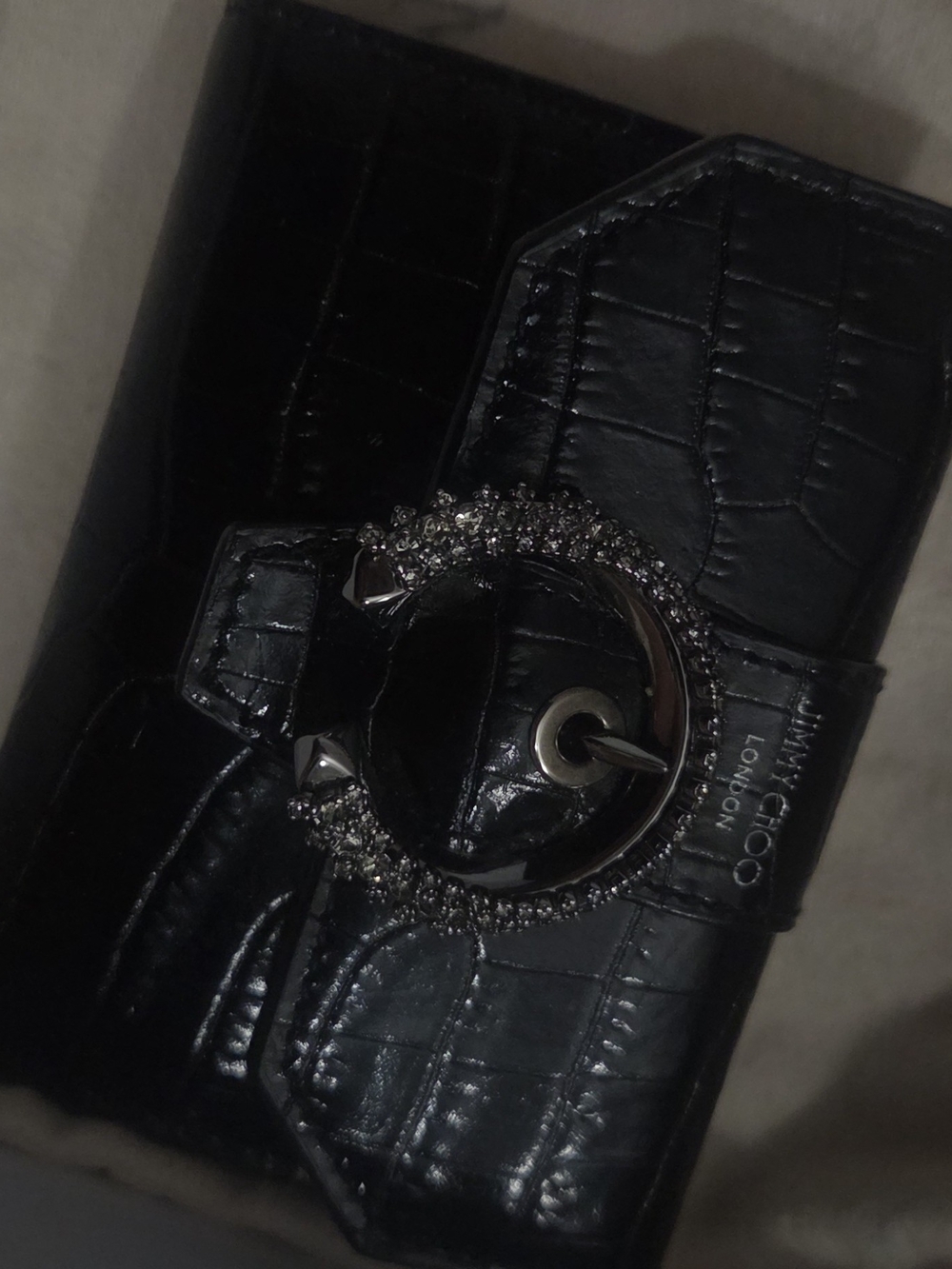 Jimmy Choo Black Croc-Embossed Clutch with Crystal-Trim Ring